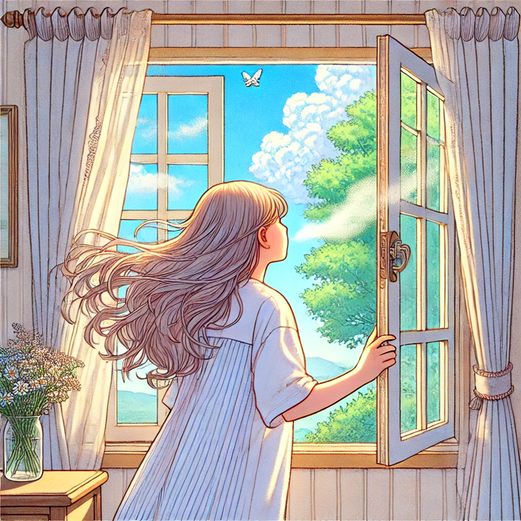 窓を開けて外の空気を吸う女の子のイラスト