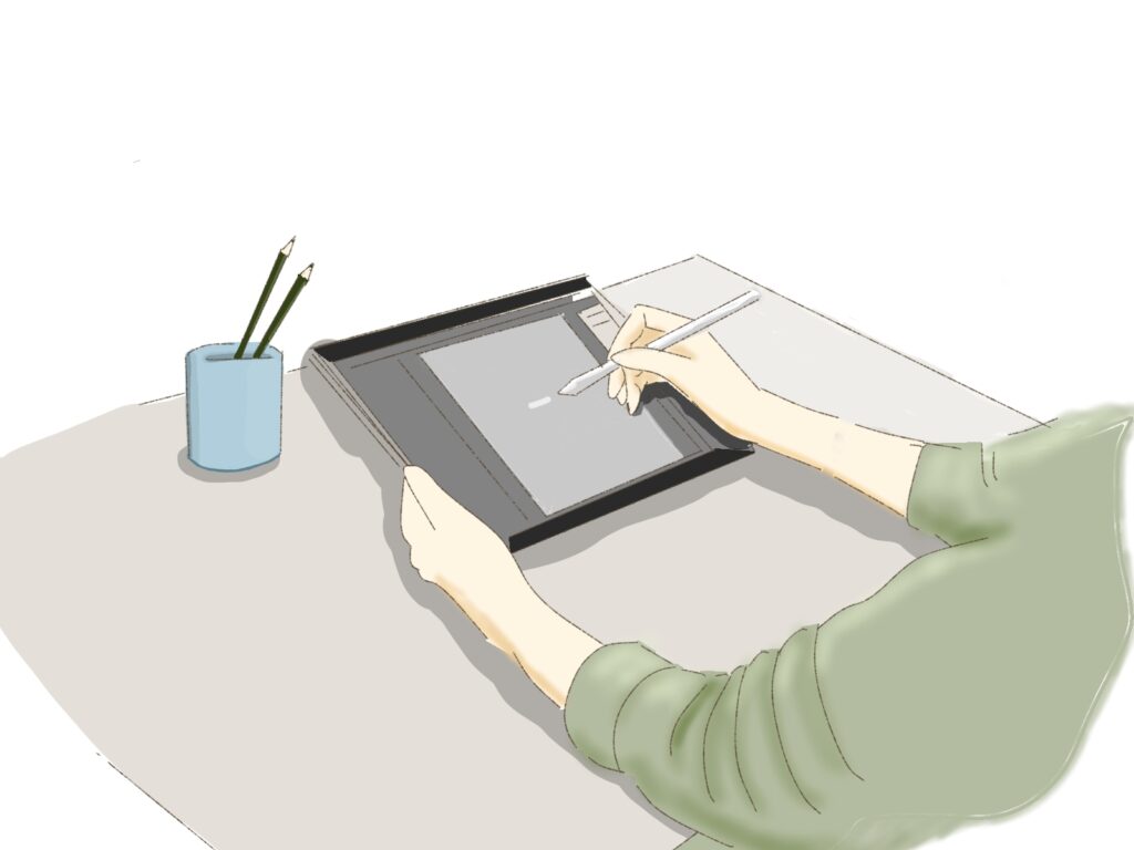 タブレットでイラストを書いている人のイラスト