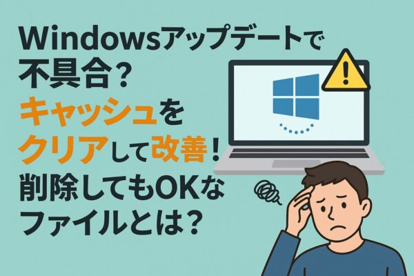 「Windowsアップデートで不具合？キャッシュをクリアして改善！削除してもOKなファイルとは？」という日本語タイトルと、エラーアイコンが表示されたノートパソコン、頭を抱える男性のイラスト。Windows Updateトラブルとキャッシュ削除をテーマにした視覚的説明画像。
