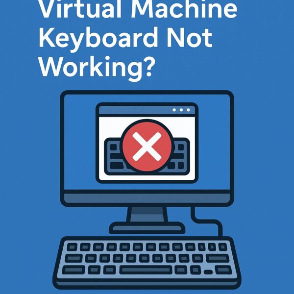 「Virtual Machine Keyboard Not Working?」という文字が表示された青背景のイラスト。PC画面に赤い×マークとキーボードが描かれた、仮想マシン内でキーボードが反応しないトラブルを表現したデザイン。