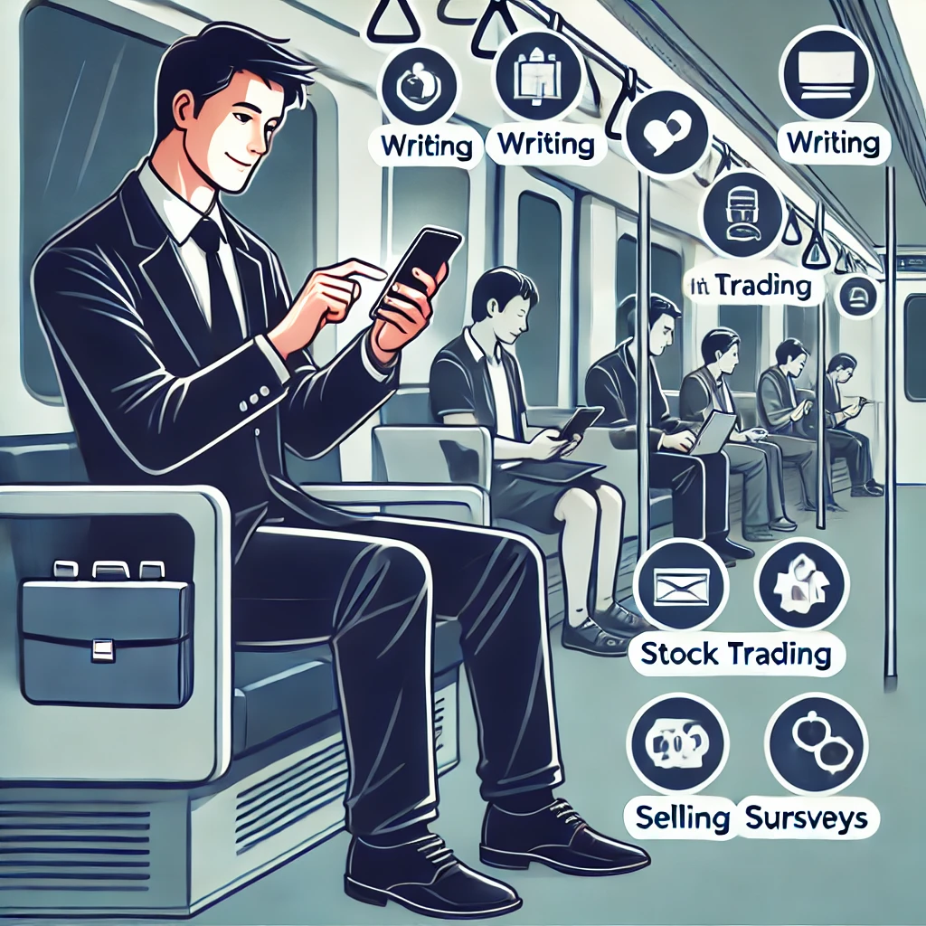サラリーマンが電車で副業しているイラスト