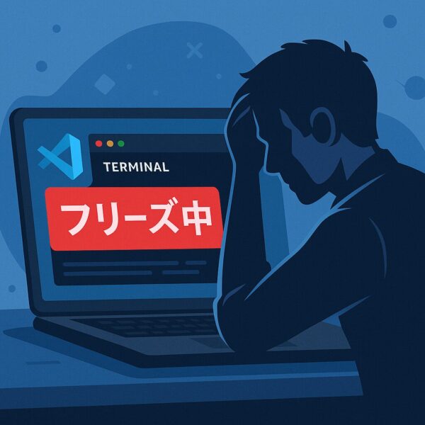 VS Codeのターミナルがフリーズし、頭を抱える開発者を描いたフラットデザインのイラスト。画面には赤い『フリーズ中』エラーメッセージが表示されている。