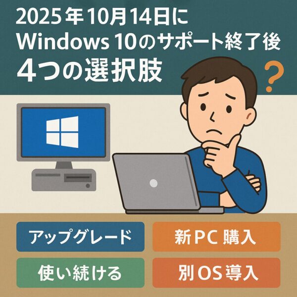 2025年10月14日にWindows 10のサポートが終了することを知らせるイラスト。悩んでいる男性がラップトップを前にして考え込んでおり、背景には「アップグレード」「新PC購入」「使い続ける」「別OS導入」という4つの選択肢が並んでいる。