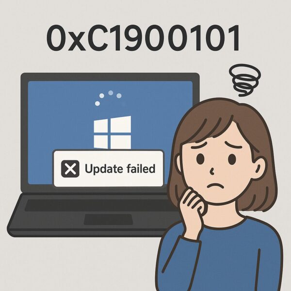 Windowsアップデート中にエラーコード「0xC1900101」が表示され、更新に失敗したパソコンと困った表情の女性のイラスト