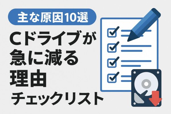 「Cドライブが急に減る理由」を説明する日本語のチェックリスト画像。チェックマーク付きのリストとハードディスクのアイコン、赤い下向き矢印が描かれている。