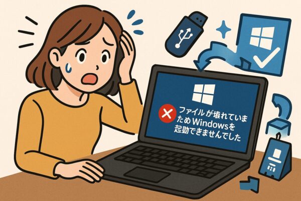 ファイルが壊れていたためWindowsを起動できませんでした」と表示されたノートパソコンに驚く女性のイラスト。汗をかき動揺した様子で画面を見つめており、周囲にはUSBメモリや修復マーク、再インストールを示すアイコンが描かれている。Windowsの起動エラーと復旧の可能性を表現したデジタルイラスト。