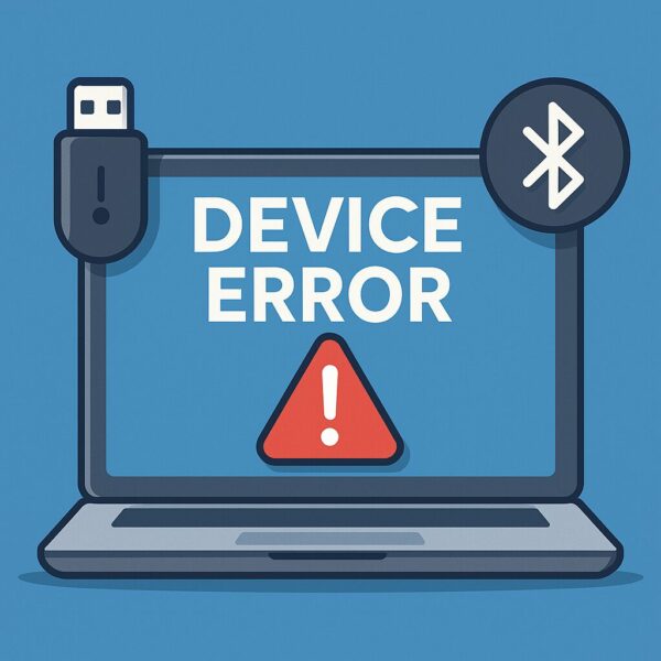 「DEVICE ERROR」と表示されたノートパソコンの画面と、USB・Bluetoothのアイコンが左右に描かれたトラブル警告のイラスト。青背景に赤い警告マークが強調された構成。