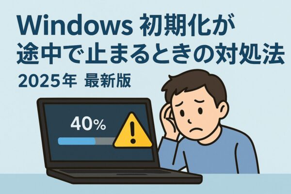 Windowsの初期化が40％付近で止まり困っているユーザーを表現したイラスト。黒い画面のノートPCに進行バーと警告アイコンが表示され、「Windows初期化が途中で止まるときの対処法 2025年最新版」というタイトルが添えられたグラフィック。