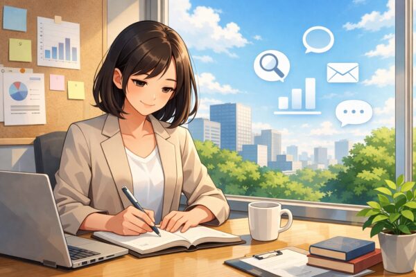 Windowsパソコンで作業する女性とノートPCのイラスト。AIや検索、データ活用などITトレンドを象徴するアイコンが背景に浮かんでいる様子