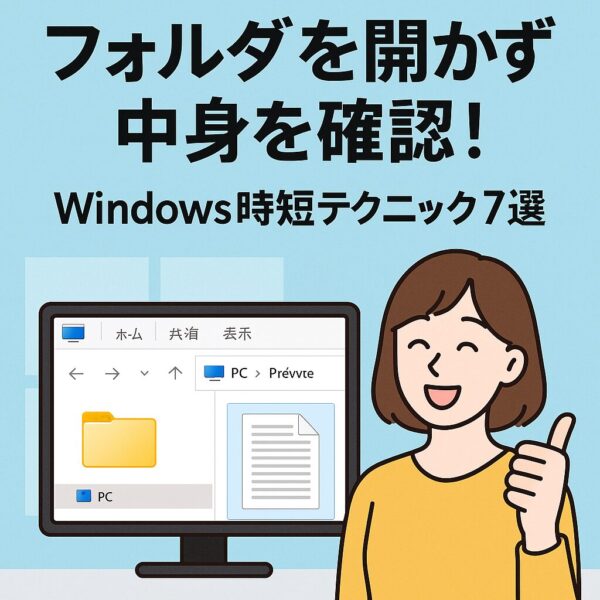 フォルダの中身を開かずに確認できるWindows時短テクニック7選を紹介する日本語のアイキャッチ画像。画面にはファイルエクスプローラーと笑顔の女性が描かれている。
