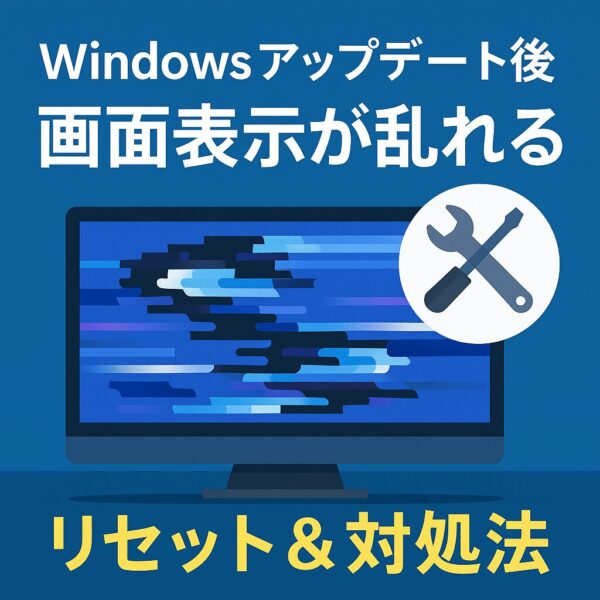 Windowsアップデート後に画面表示が乱れる問題を表すイラスト。モニターにノイズ風の崩れた表示があり、修理アイコンと「リセット＆対処法」の文字が入った青系グラフィック。