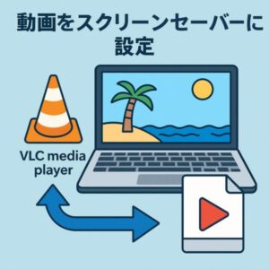 Windowsのスクリーンセーバーに設定する手順を示すイメージ図。ノートパソコン、ビデオアイコン