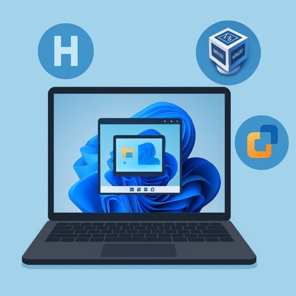 Illustration of a Windows 11 laptop showing a virtual machine running inside the desktop, with icons for Hyper-V, VirtualBox, and VMware, symbolizing different virtualization tools. A beginner-friendly design with simple, colorful elements.