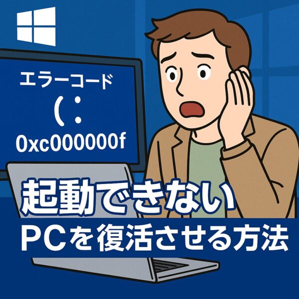 Windowsエラーコード「0xc000000f」に驚く男性とブルースクリーンのノートPCを描いたイラスト｜起動できないPCの復活方法を解説