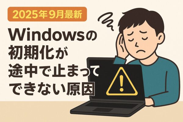 Windowsの初期化が途中で止まり失敗して困っているユーザーを表現したイラスト。黒い画面のノートパソコンと警告アイコンが描かれ、『2025年9月最新』の文字が配置されたグラフィック。