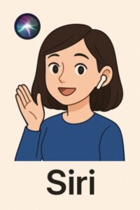 Siriのイメージとして描かれた女性キャラクターのイラスト。青い服を着てAirPodsをつけ、手を軽く挙げてにこやかに話しかける様子。左上にはSiriのロゴが表示されており、Siriの親しみやすさとAIアシスタントらしさを表現して