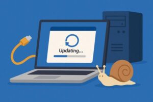 更新中のノートパソコン、デスクトップPC、LANケーブル、そしてネットの遅さを象徴するカタツムリを描いたイラスト