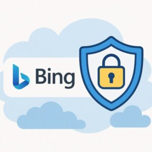 Bingのロゴと青いセキュリティシールドに黄色の鍵アイコンが描かれたイラスト。背景には雲が広がり、Bingの検索サービスが安全であることを象徴している。