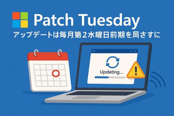 パッチチューズデーを象徴する、Windowsロゴ・更新中のノートPC・カレンダー・警告アイコンを組み合わせた青背景のイラスト
