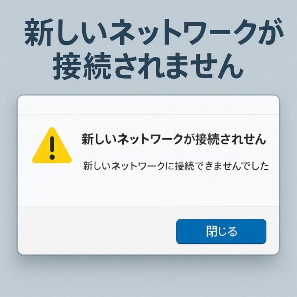 Windowsのネットワーク接続エラー画面で「新しいネットワークが接続されません」と警告が表示されている様子