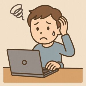 パソコン操作に困っている様子の若い男性。ノートパソコンの前で頭をかかえ、困惑した表情を浮かべているイラスト