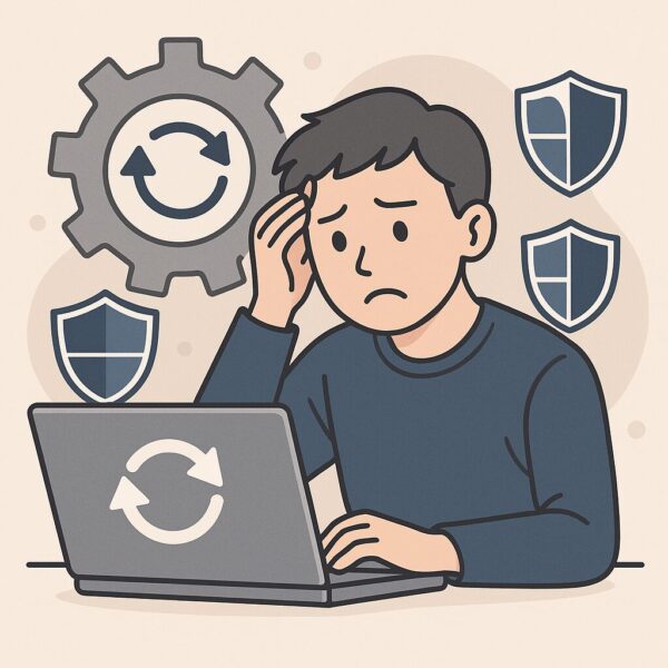 Windowsの更新ループに困っている男性が、繰り返し表示されるアップデートに悩む様子のイラスト。背景に盾マークとギアのアイコンが描かれている。