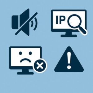 Windowsの音声トラブル、IPアドレス確認、エラーコード、警告などを示す4つのアイコンを並べた図解イラスト。ミュートスピーカー、IPと虫眼鏡、悲しい表情のモニター、感嘆符付き警告マークがそれぞれの問題を視覚的に表現している。