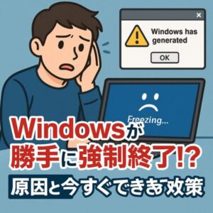 Windowsが勝手に強制終了する?フリーズや再起動の最新原因と解決法【2025年版】 1 フリーズしたパソコンを見つめる人とWindowsエラーメッセージ。強制終了や再起動トラブルに悩む様子を表現したイメージ
