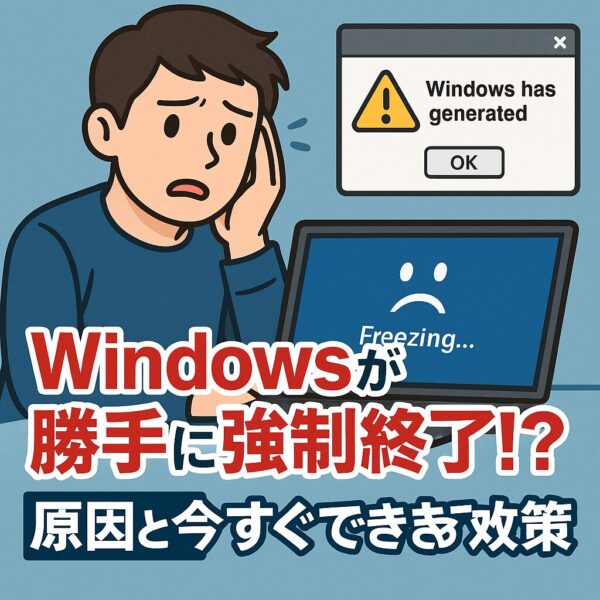 フリーズしたパソコンを見つめる人とWindowsエラーメッセージ。強制終了や再起動トラブルに悩む様子を表現したイメージ