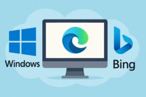 Windows、Microsoft Edge、Bingのロゴがそれぞれ配置されたイラスト。中央のモニターにはEdgeのロゴ、左右にWindowsとBingのロゴがあり、クラウド風の背景に包まれている。Microsoftの3サービスの連携をイメージした構成。