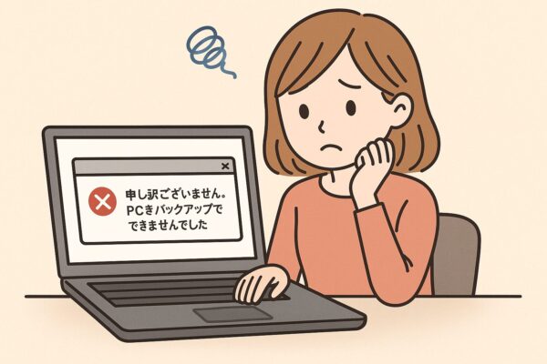バックアップエラーに困っている若い女性が、パソコン画面に表示された『申し訳ございません。PCをバックアップできませんでした』というエラーメッセージを見て悩んでいる様子のイラスト