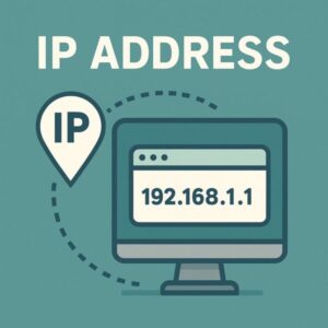 IPアドレスの概念を表現したイラスト。画面上部に「IP ADDRESS」と書かれ、下にはパソコンモニターと「192.168.1.1」の表示、IPを示すアイコンが接続されるように描かれている図。ネットワークとIPの関係性を視覚的に示したデザイン