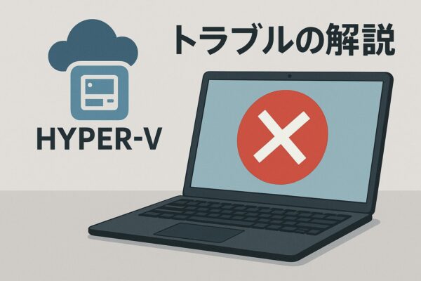 Hyper-V仮想マシンで発生するトラブルと解決法を解説するイラスト（ノートPCと仮想化アイコンが描かれた図）
