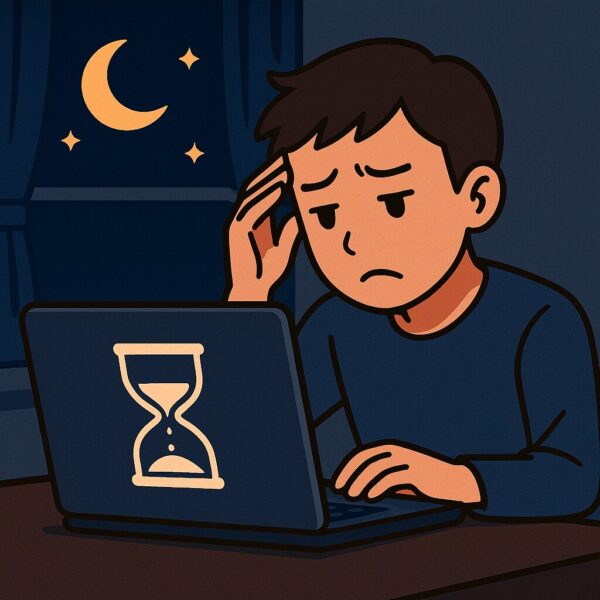 夜になるとパソコンの動きが悪く困っている男性イラスト