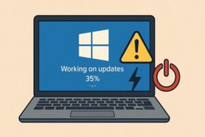 Windowsアップデート中に電源が切れてエラーが出たノートパソコンのイラスト。警告マークと電源アイコンが強調された画面