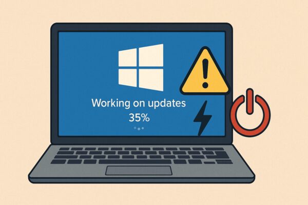 Windowsアップデート中に電源が切れてエラーが出たノートパソコンのイラスト。警告マークと電源アイコンが強調された画面