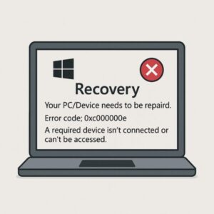 ノートパソコンの画面に「エラーコード0xc000000e」が表示されている挿絵。Windowsの回復メッセージと赤いバツ印が画面に映っており、起動エラーの状況をわかりやすく表現したイラスト。