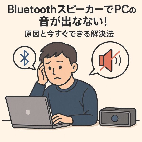 BluetoothスピーカーでPCの音が出ない問題に悩む男性のイラスト。パソコンとBluetoothスピーカーの間で音が出ず、吹き出しにBluetoothマークとミュートアイコンが表示されて