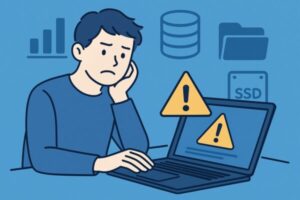 ノートパソコンのエラー表示に悩む男性と、背景にストレージやフォルダーのアイコンが並ぶ青基調のイラスト