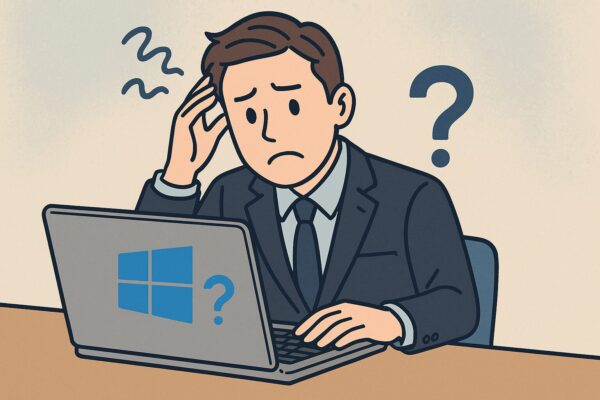 Windowsキーが効かず困惑しているスーツ姿の男性が、ノートパソコンを前に悩んでいる様子のイラスト