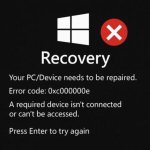 【Windowsエラー0xc000000e】起動できない原因と解決方法|2025年版 1 エラーコード「0xc000000e」のWindowsリカバリー画面を再現したイメージ。黒い背景に白文字で「Your PC/Device needs to be repaired」と表示され、Windowsロゴと赤いバツ印が目立っている。