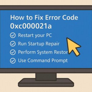 エラーコード0xc000021aの対処法を説明するディスプレイのイラスト。「PCの再起動」「スタートアップ修復」「システムの復元」「コマンドプロンプトの使用」の4手順が表示され、黄色の矢印がシステムの復元を指している。