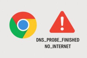 Google Chromeのロゴと赤い警告三角マークが並び、「DNS_PROBE_FINISHED_NO_INTERNET」と英語で表示されたネット接続エラーの挿絵イラスト。