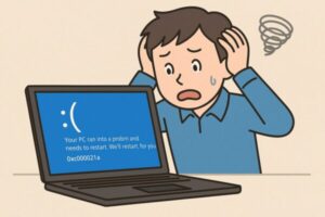 【Windowsエラー0xc000021a」再起動ループやログインできないときの原因と対処法【保存版】Windows 11/10 1 0xc000021aエラーでブルースクリーンになったパソコンを見て、頭を抱える男性のイラスト。パニック状態で焦っている様子が表現されている。