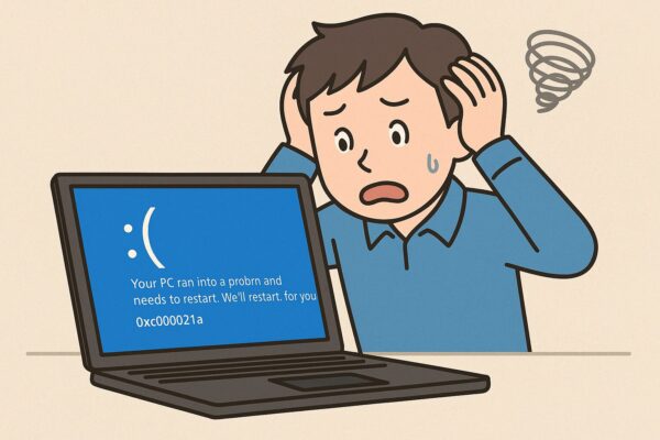 0xc000021aエラーでブルースクリーンになったパソコンを見て、頭を抱える男性のイラスト。パニック状態で焦っている様子が表現されている。