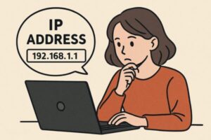 ローカルIPアドレスの確認手順を実行している女性のイメージイラスト。Windowsの設定やコマンド操作をイメージした挿絵。