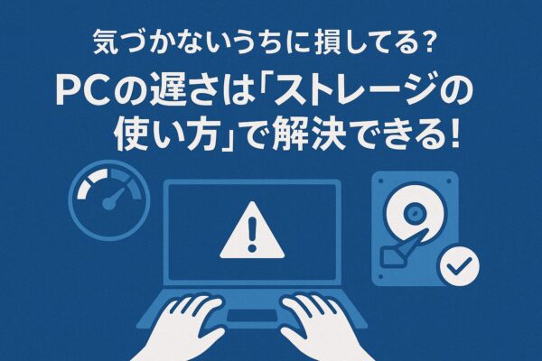 PCの遅さに悩むユーザーの手元、警告マークが表示されたノートパソコン、ストレージアイコンが並ぶ青基調の解説イラスト