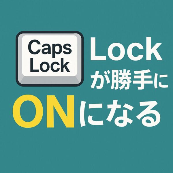 Caps Lockキーのイラストと「Caps Lockが勝手にONになる」という日本語テキストが中央に配置されたアイキャッチ画像。背景は落ち着いたグリーン系で、「ON」の部分が黄色で強調されている。