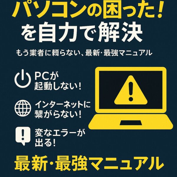 「パソコンの困った！を自力で解決」と書かれた日本語の説明画像。PCの起動不良やネット接続エラー、システム異常を対象にした、初心者向けの解決マニュアルを視覚的に示している。