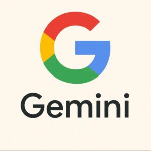 Google Geminiのイメージイラスト。中央にGoogleの「G」ロゴが配置され、その下にシンプルなフォントで「Gemini」と記載されたデザイン。背景はベージュで、Googleカラー(赤・青・緑・黄)が際立つ構成。